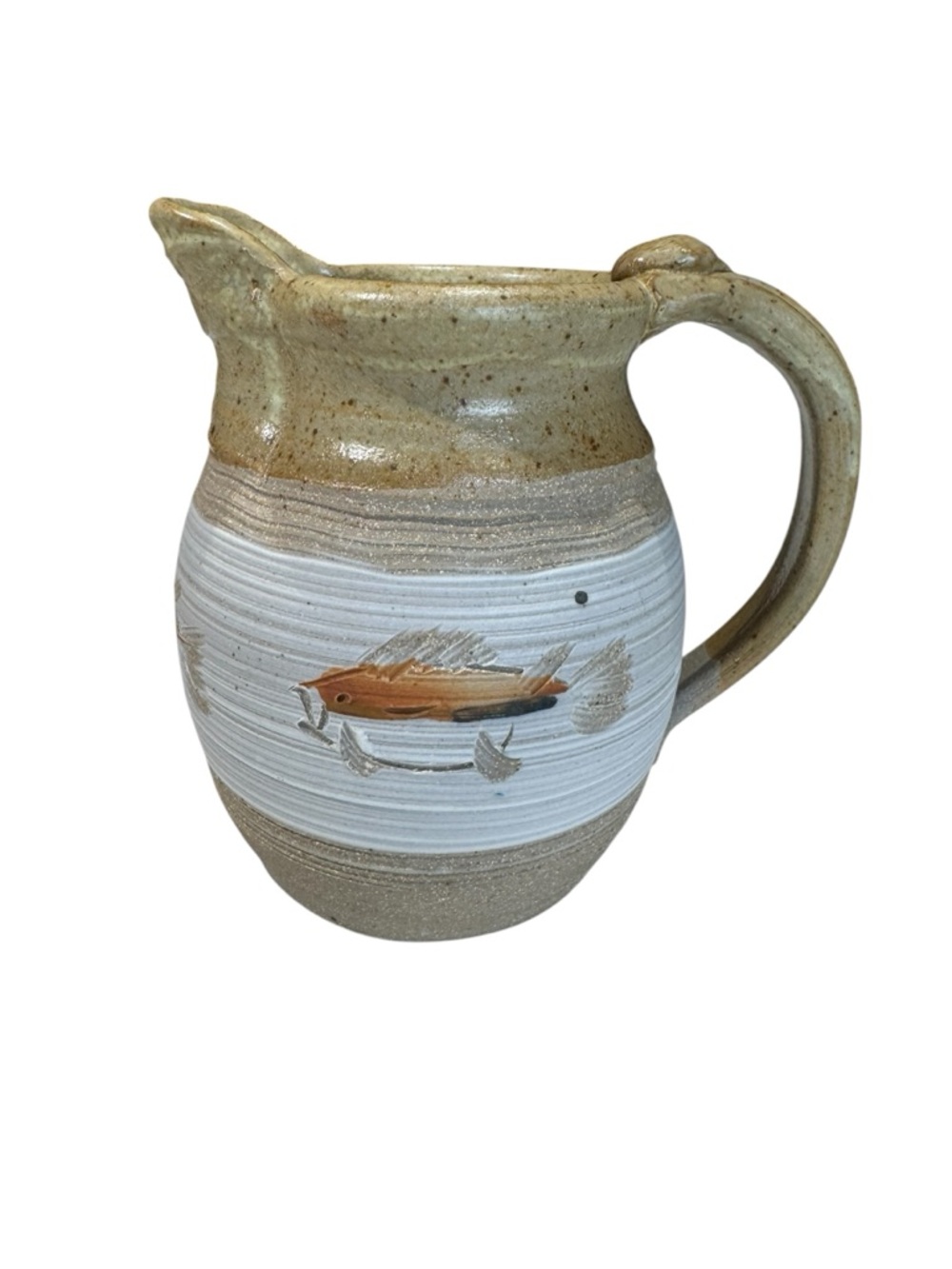 Jim Reinert Pottery Rustic Beige and White Ceramic Fish & Shell Pitcher